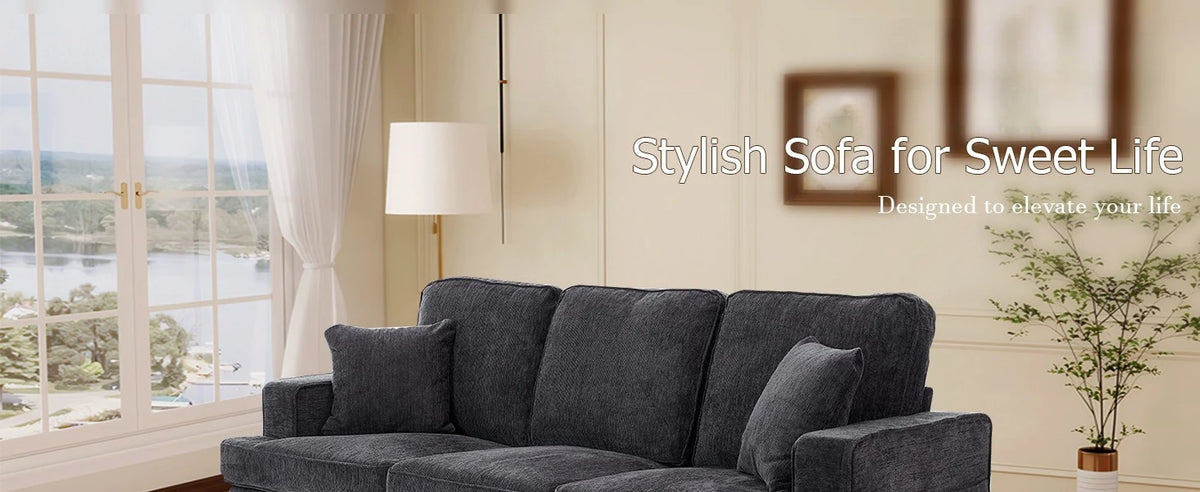 89 Inch 3 Seater Chenille Upholstered Couch Plush Deep Seat Cloud Sofa Gray Soft Upholstered Furniture for Living Room Bedroom Apartment Office Small Space