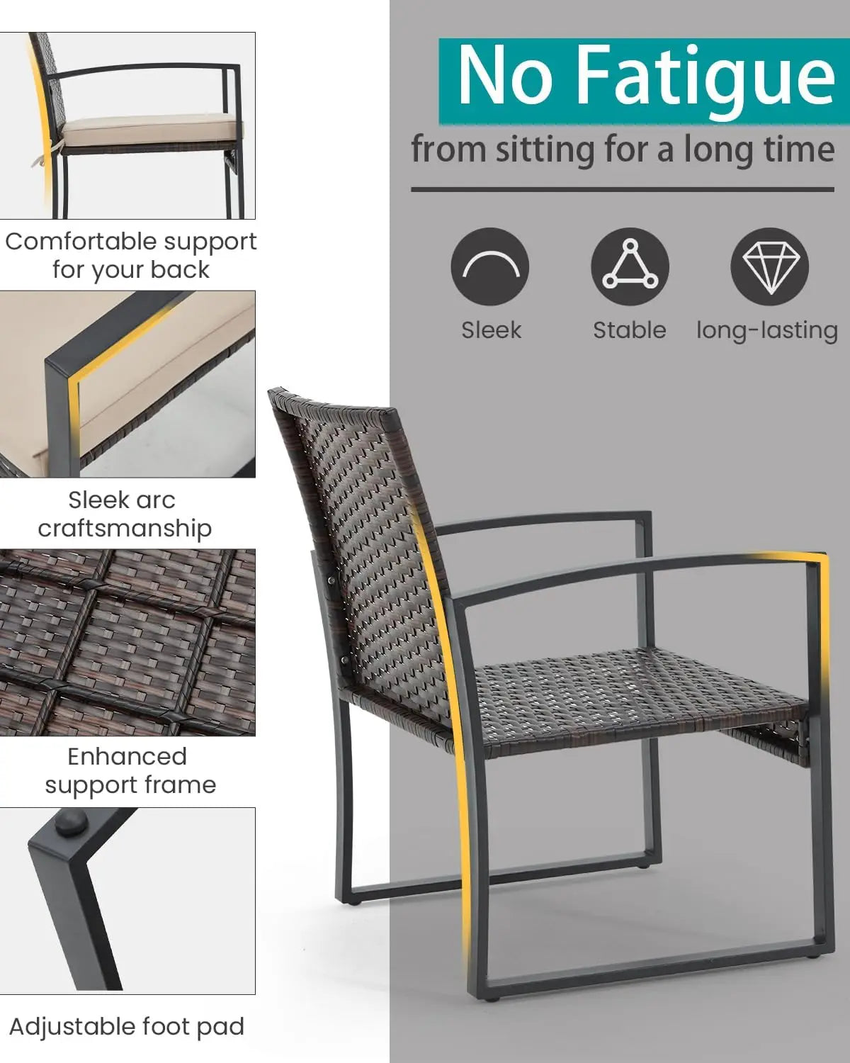 3 Pieces Patio Furniture Set, Outdoor Rattan Bistro Set with Coffee Table, Durable Steel Frame with Strapped Cushions