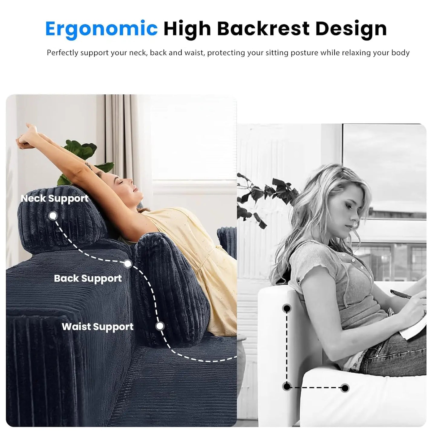 "High Backrest L-Shape Modular Sectional Sofa with Cloud Corduroy, Convertible Chaise for Left or Right Side, Bonel"