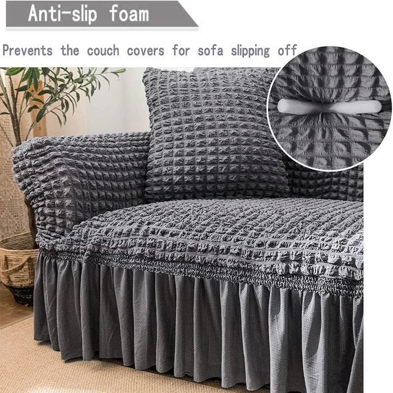 1 Seater Seersucker Sofa Cover with Elastic Skirt Stretch Sofa Protector Removable Slipcover Armchair Cover Elastic Couch Cover