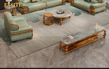 European ebony leather sofa large apartment luxury villa home living room new Chinese furniture solid wood carved fish