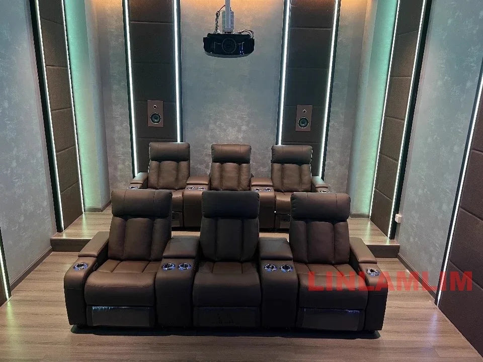 Linlimlam Luxury Genuine Leather Electric Recliners Cinema Chairs with Cup Holder, LED Light – Home Theater Power Reclining Sofa
