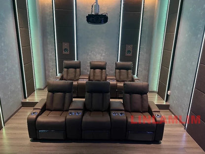 Linlimlam Luxury Genuine Leather Electric Recliners Cinema Chairs with Cup Holder, LED Light – Home Theater Power Reclining Sofa