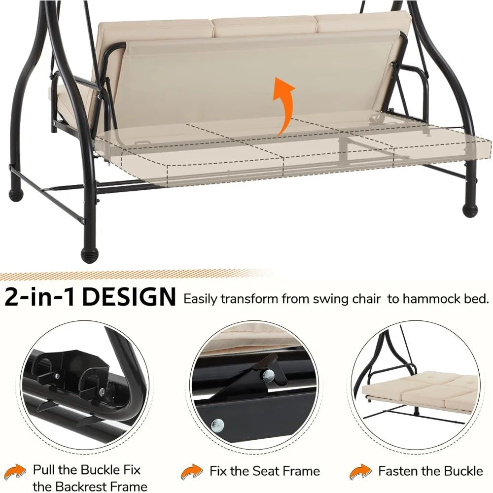 Porch Swing Chair with Adjustable Backrest&Canopy, 3 Seat Patio Swing with Canopy 2-in-1 Convertible Outdoor Swing with Canopy