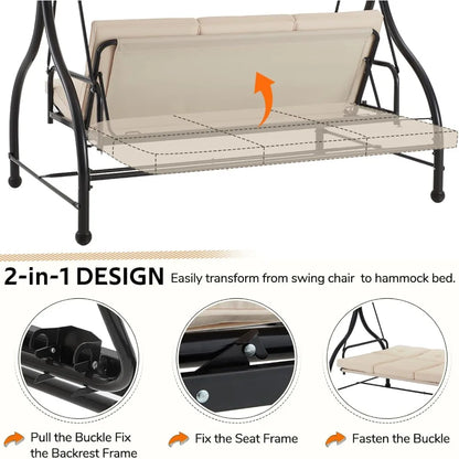 Porch Swing Chair with Adjustable Backrest&Canopy, 3 Seat Patio Swing with Canopy 2-in-1 Convertible Outdoor Swing with Canopy