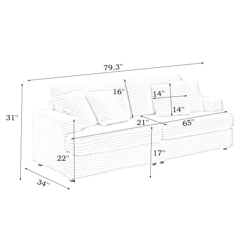 79.3-inch long corduroy sofa with 4 matching pillows, stylish design, spacious and comfortable 3-person sofa, white