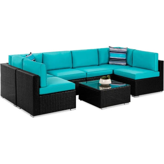 7-Piece Modular Outdoor Sectional Wicker Patio Conversation Set w/ 2 Pillows, Coffee Table, Cover Included - Black/Teal
