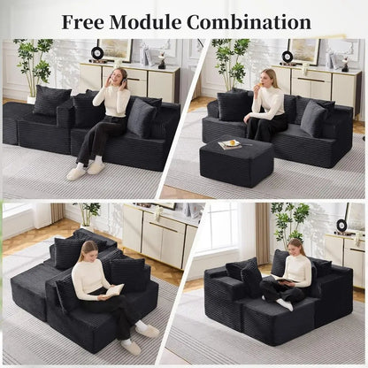80 L-Shaped Sectional Sofa with Deep Seating and Ottoman, Comfortable Corduroy, Living Room, Bedroom, Easy Setup