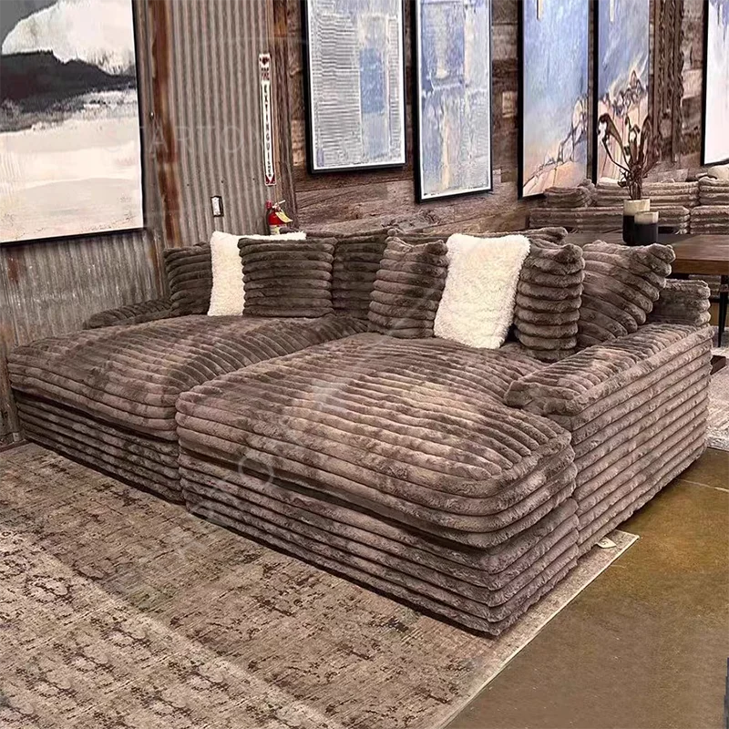 Modern Luxury Dove Gray Cord Fabric Comfy Cinema Sleeper Sofa Couch Double Chaise Lounge for Home Living Room