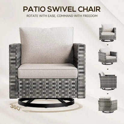 Patio Conversation Set with Fire Pit Table, Grey Resin Wicker Swivel Patio Chairs with Sofa Ottomans Side Table and Fire Table