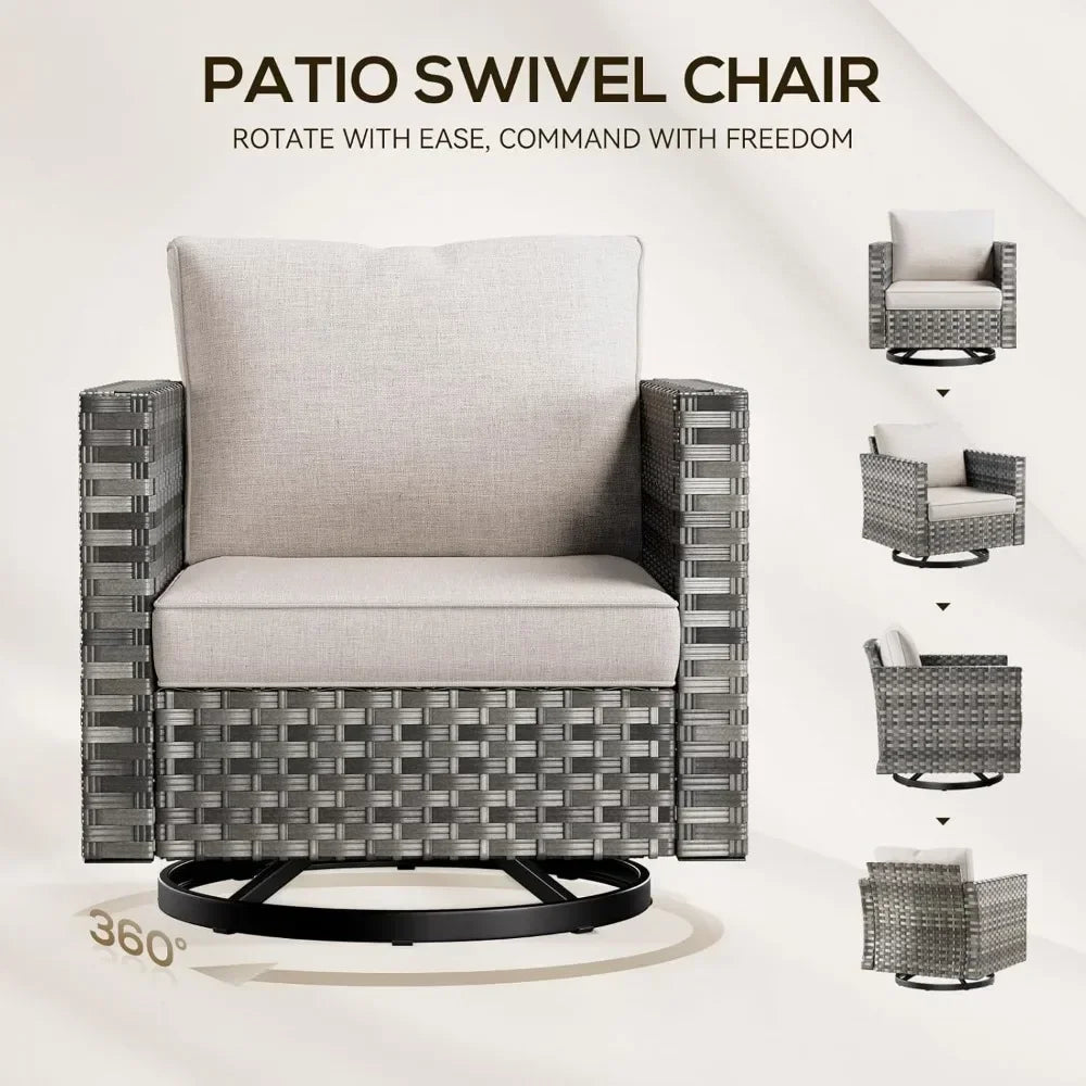 Patio Conversation Set with Fire Pit Table, Grey Resin Wicker Swivel Patio Chairs with Sofa Ottomans Side Table and Fire Table