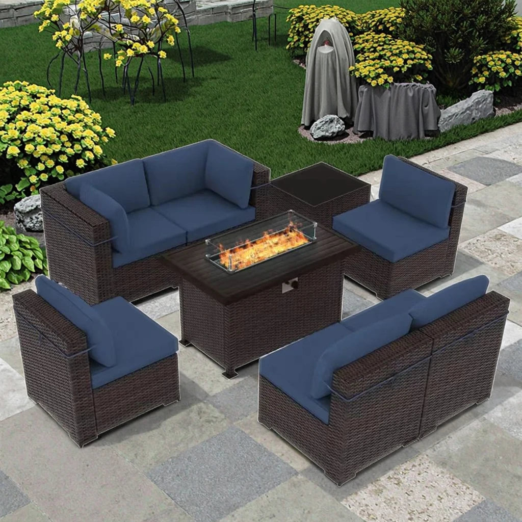 Wholesale 7 PCS Patio Rattan Dining Sofa Set Steel Wicker Cornerl Sofa with Ottoman Garden Sofa