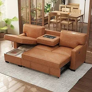 3-in-1 convertible sleeper sofa, faux leather modern l-shape couch, living room pull-out sectional futon bed