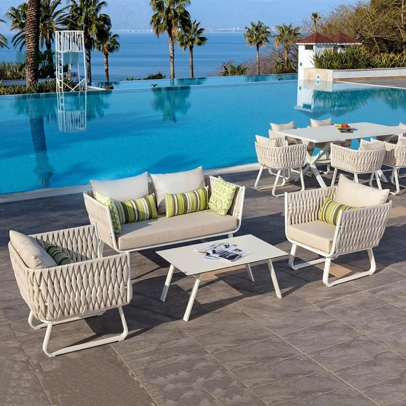 Outdoor Woven Sofa Set Corner Aluminum Backyard Nordic Leisure Hotel Courtyard Rope Weaving Patio Furniture Set Rope Garden Sofa