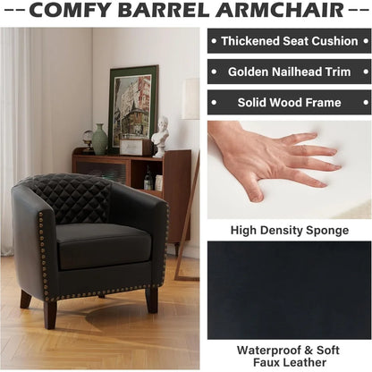 Modern Upholstered Barrel Club Chair with Nailed Trim for Living Room, Comfortable Accent Armchair for Bedroom