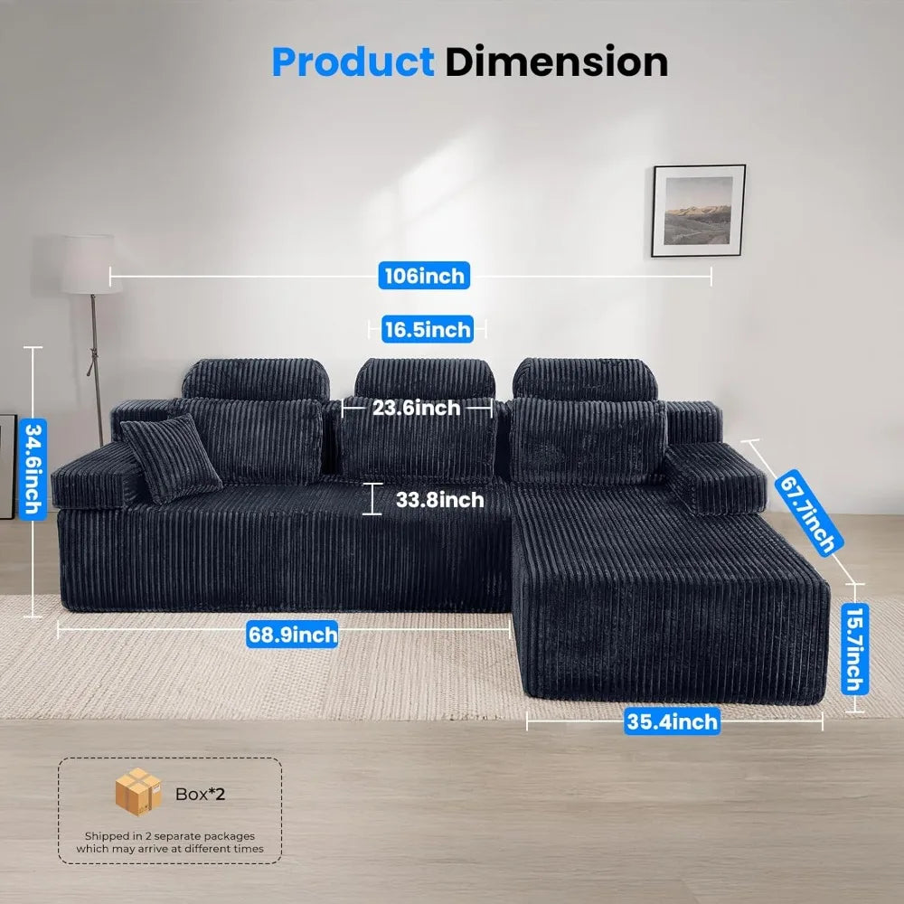 10-Foot High-Back L-Shape Modular Sectional Sofa with Reversible Chaise, Cloud Corduroy Fabric