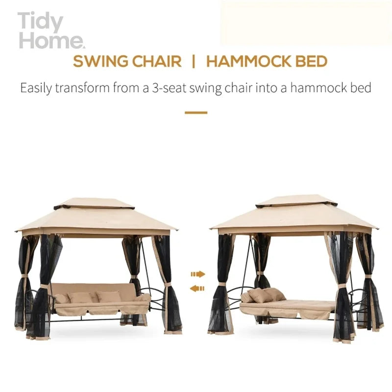 Outdoor Swing Chair with Double Canopy, Mesh Sidewalls, Cushioned Seating and Pillows for Patios and Gazebos