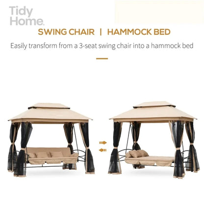 Outdoor Swing Chair with Double Canopy, Mesh Sidewalls, Cushioned Seating and Pillows for Patios and Gazebos