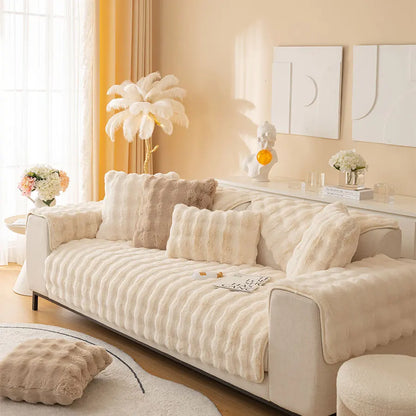 1pc Imitation Rabbit Plush Sofa Cover Winter Warm Thick Plush Soft Sofa Slipcover Pet Favorite Non-slip Protective Couch Cover