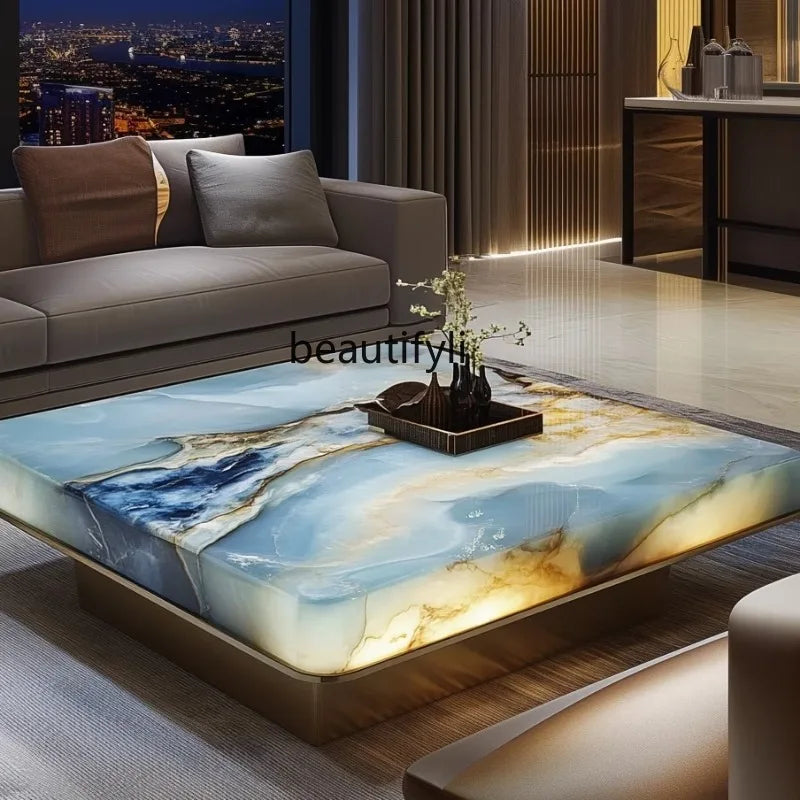 Natural marble new Chinese color luxury stone high-grade luminous jade living room minimalist villa square tea table