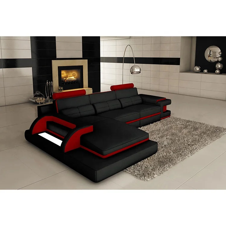 Italian Leather Sectional Sofa Set Red Black L-Shape Living Room Furniture for Office or Apartment Genuine Leather Material