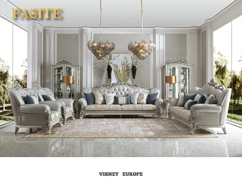 French light luxury living room large apartment first layer cowhide European solid wood carving flower three sofa combination