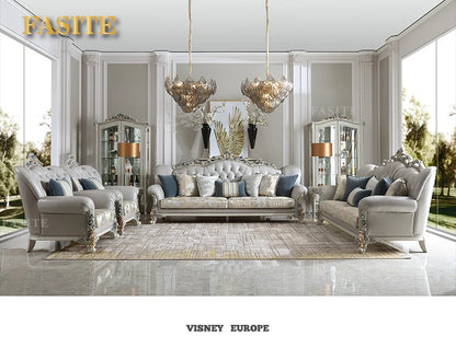 French light luxury living room large apartment first layer cowhide European solid wood carving flower three sofa combination