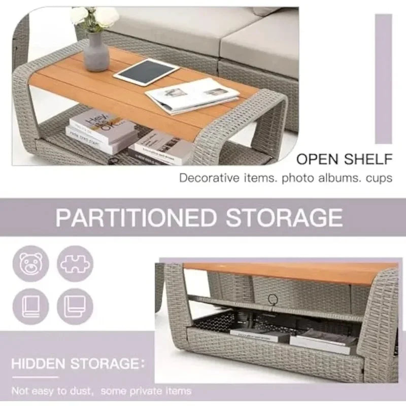 Patio Furniture Set, Outdoor Sectional Conversation Rattan Sofa with Ottoman and Storage Table Garden Sofas