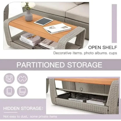 Patio Furniture Set, Outdoor Sectional Conversation Rattan Sofa with Ottoman and Storage Table Garden Sofas