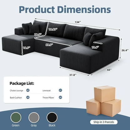 Couch U-Shaped Sectional Sofa,134'' Modular Boneless Couches for Living Room,Corduroy Deep Seat Sofa with 2 Chaise Lounges