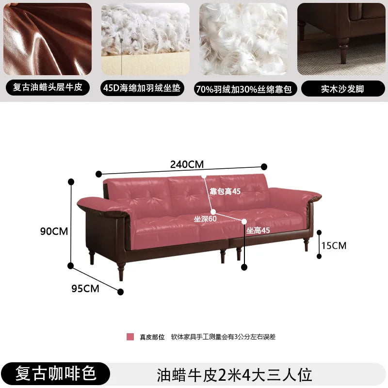 Customizable American sofa Italian retro oil wax leather straight row steel frame down medium ancient Nanyang style first layer