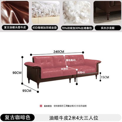 Customizable American sofa Italian retro oil wax leather straight row steel frame down medium ancient Nanyang style first layer