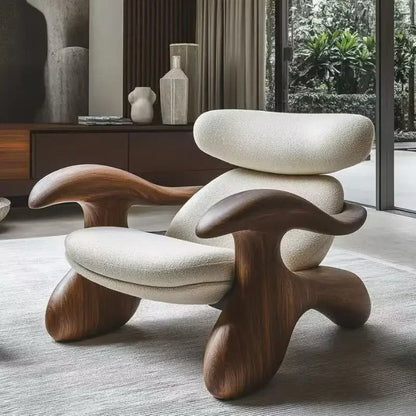 Modern and elegant armchair for adults, made of wood, in a simple Nordic style, ideal for the living room, reading, balcony, or hotel. Trendy and stylish living room furniture