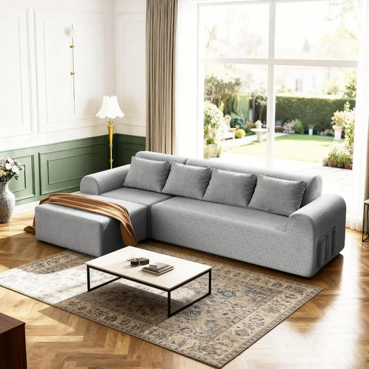 105.5" Cloud Boneless Sectional Sofa for Living Room, 4-Seater L-Shaped Comfy Couch with Ottoman, 4 Pillows, Deep, Customized