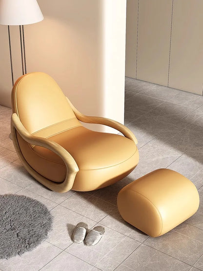 Household balcony leisure chair sofa solid wood rocking chair Chinese lazy sofa recliner environmentally friendly leather