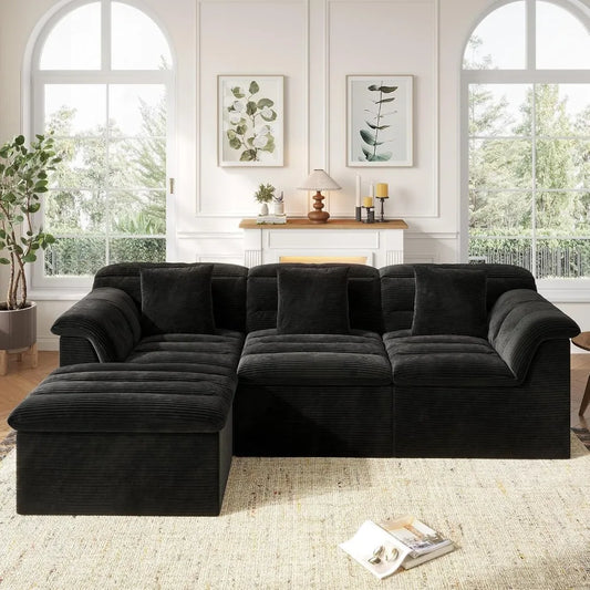 112 Modular Cloud Sectional Couch with Ottoman, Modern Upholstered Compressed Sofa with Deep Seat, Comfy L-Shape Corduroy Couche