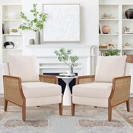 Mid Century Modern Accent Chair Upholstered Living Room Chairs Armchair with Rattan Armrest Comfy Reading Chair