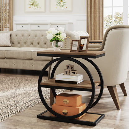 Tribesigns End Table, Narrow End Table with 3 Storage Shelves, Wood Side Table with Black Metal Frames, Industrial Sofa table