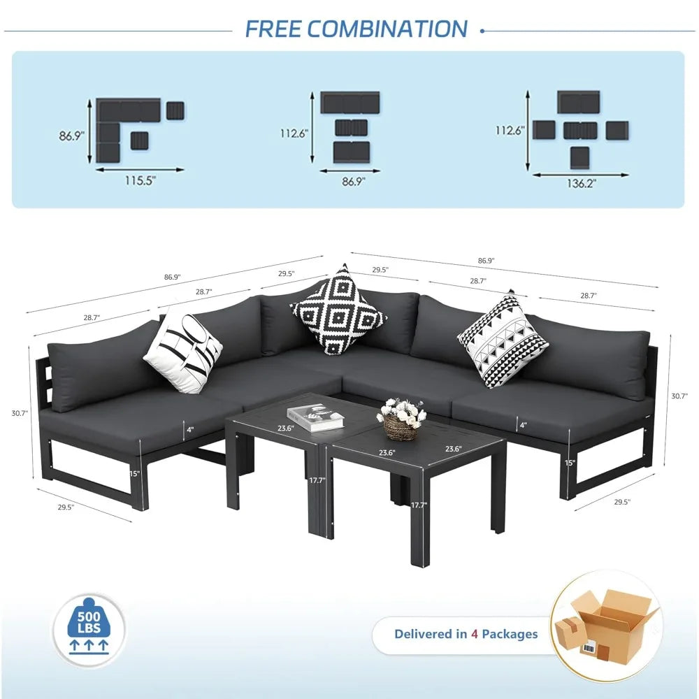 5 Person Luxury Aluminum Outdoor Sectional Sofa with Side Table, Large L Shaped Patio Furniture Set, 29