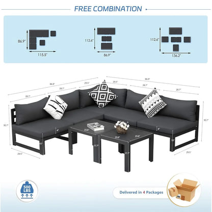 5 Person Luxury Aluminum Outdoor Sectional Sofa with Side Table, Large L Shaped Patio Furniture Set, 29" Deep Wide, Customized