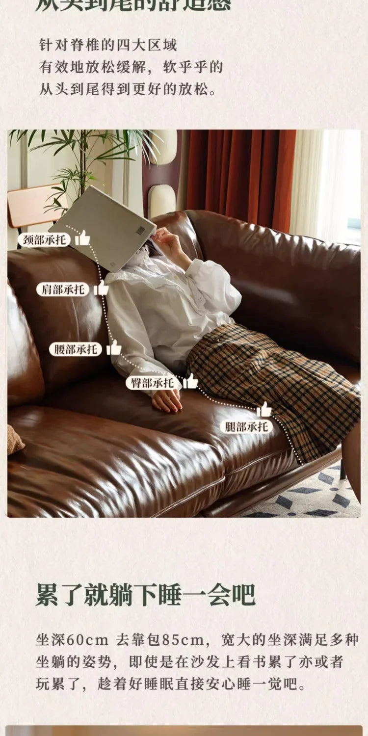 Retro oil wax leather sofa down large living room Nordic simple medium and ancient style straight row leather art sofa