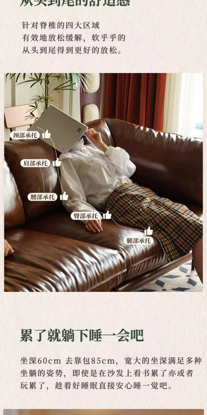 Retro oil wax leather sofa down large living room Nordic simple medium and ancient style straight row leather art sofa