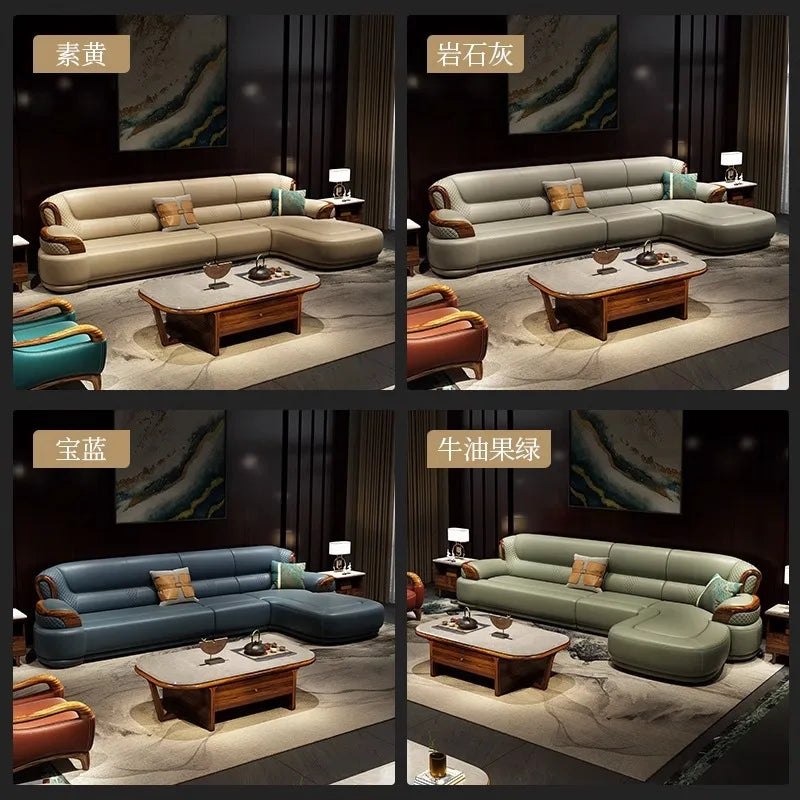 New Chinese ebony leather sofa modern simple living room large first layer yellow cowhide new solid wood combination