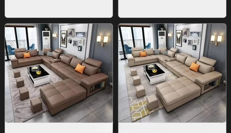 Modern simple living room sofa set U-shaped sleepable luxury cloth sofa villa large combination corner function sofa
