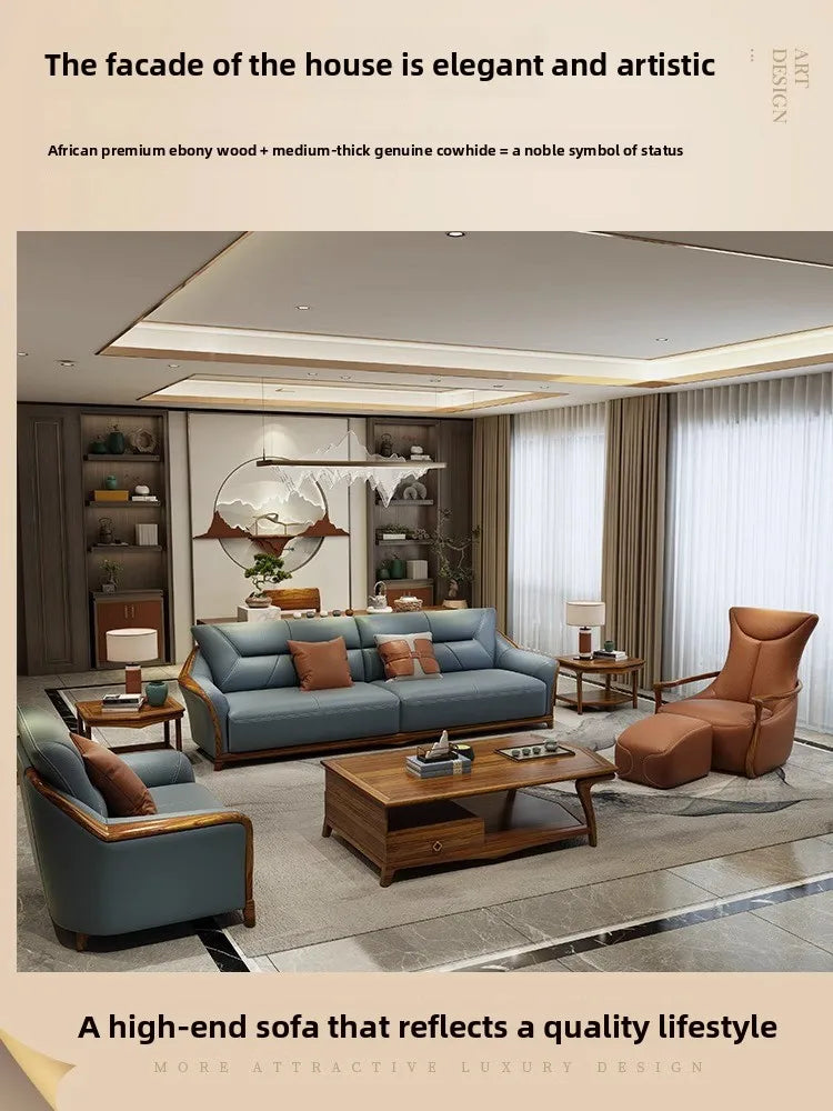 New Chinese style, ebony leather sofa combination, all solid wood