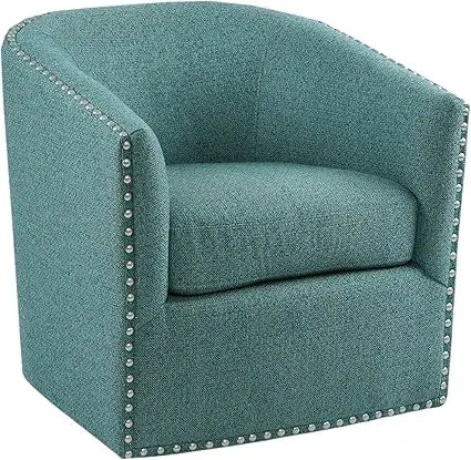 Swivel Barrel Accent Chair with Upholstered Curved Back, 7-Inch Thick Cushion, 360° Rotation, Nailhead Trim