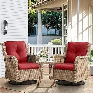 Chair Outdoor, Patio Bistro Furniture Conversation Set, Cushioned Wicker Chair with Glass Coffee
