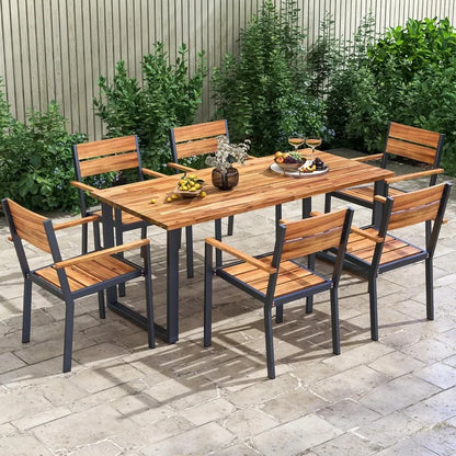 6 Pieces Outdoor Acacia Wood Dining Set, Patio Table and Chairs Set with Bench for 6-7 People, Outdoor Dining Furniture
