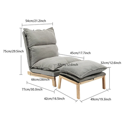 Lounge Chair, Single Lazy Sofa with Ottoman, Leisure Balcony Adjustable Recliner, 5-Position Adjustable Backrest, 330 lbs Capacity, Grey Cotton Linen + Sponge + Solid Wood + Steel