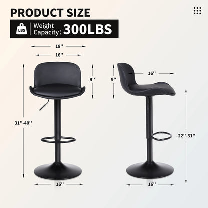 Set of 2 Adjustable PU Leather Swivel Bar Stools with Backrest for Kitchen Counter, Dining, and Bar, Black